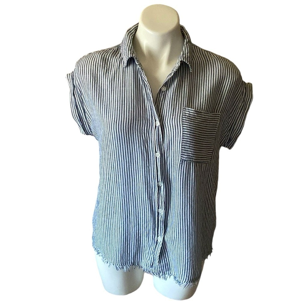 Altar’d Blue Striped Linen Blend Short Sleeve Raw Hem Button Down Blouse Size XS